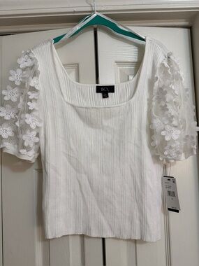 BCX White Ribbed Knit Top with Floral Lace Puff Sleeves